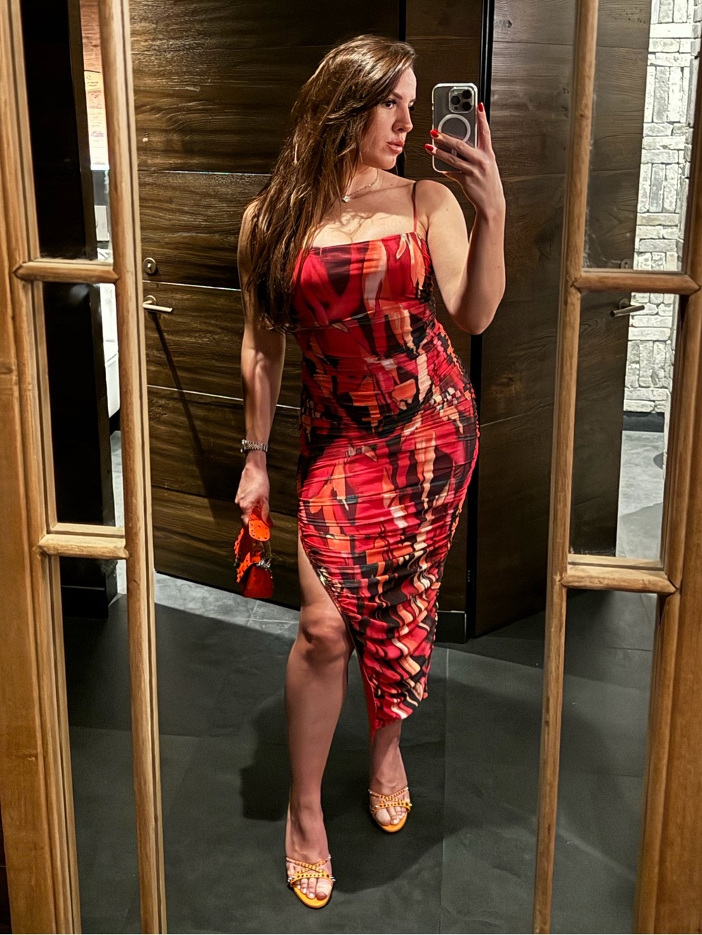 AKIRA Fuchsia & Black Abstract Ruched Midi Dress | Date Night | Girls Night Out
